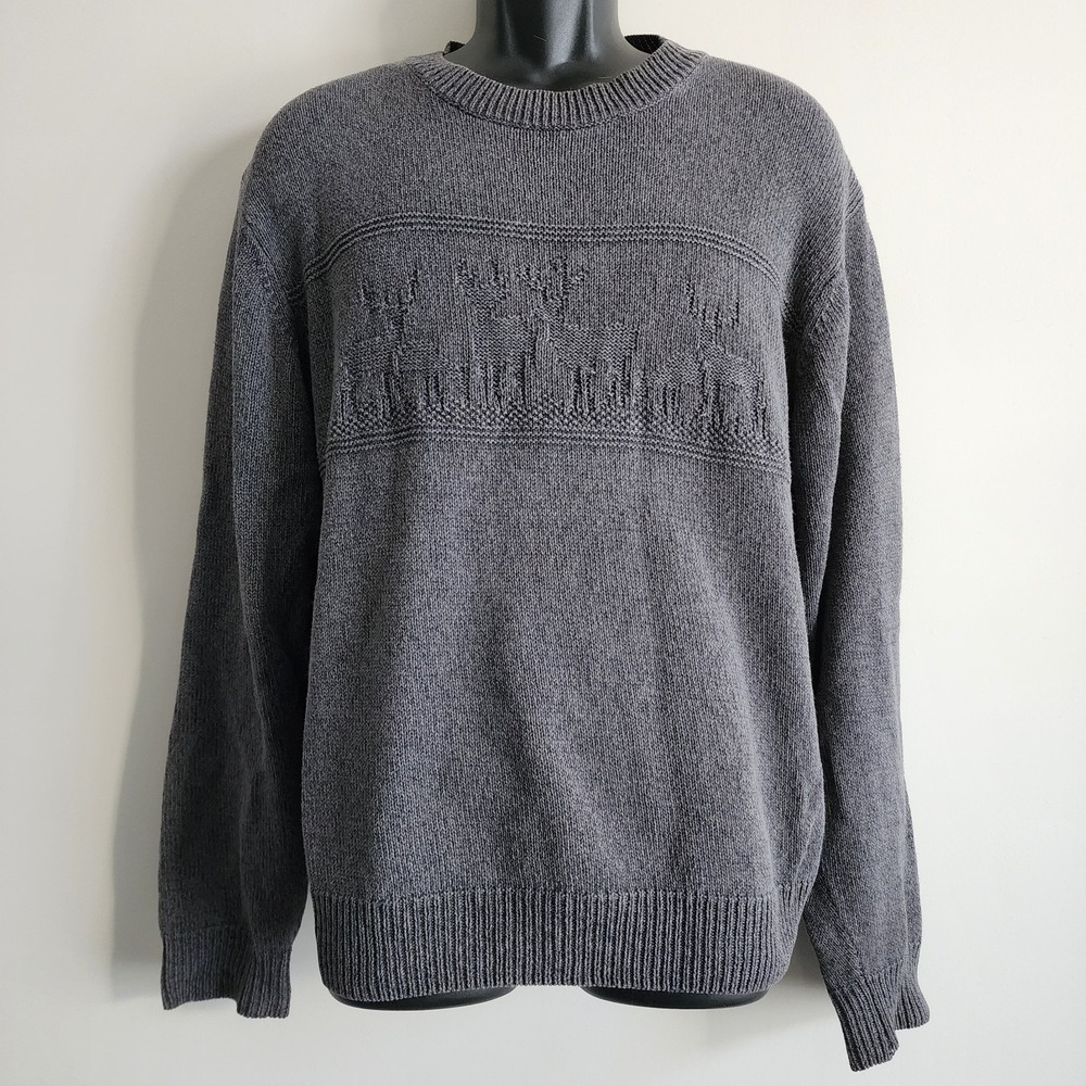 Woolrich Sweater Deer Embossed Textured Knit Mens L Charcoal Christmas Minimal